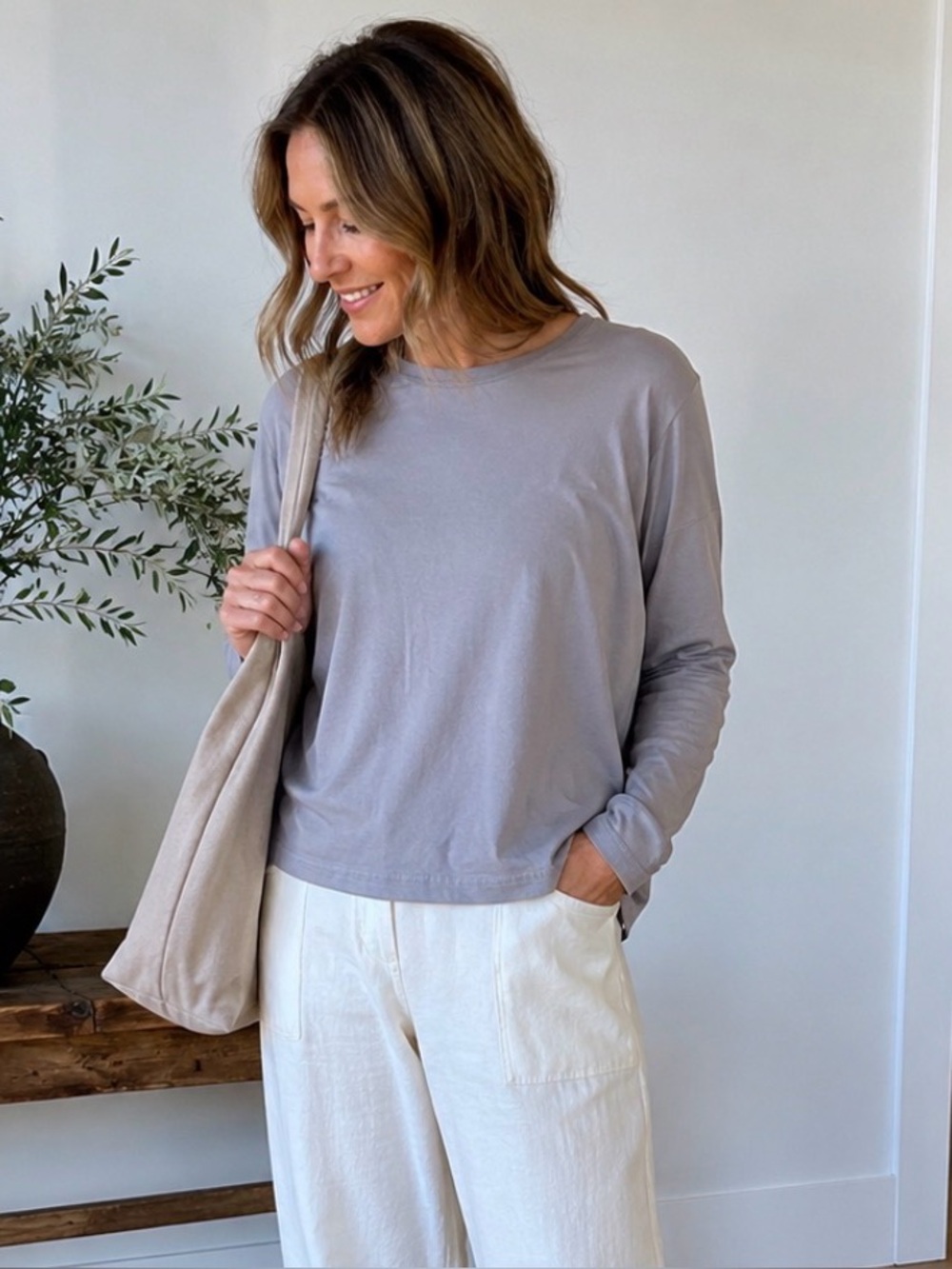Bryn Walker Long Sleeve Cotton Crew Top Size M Light Mauve-Gray Made in USA